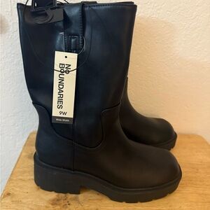 No Boundaries Sleek Black Wide Width Boots. Lug Pull Boots. Zipper on side.
